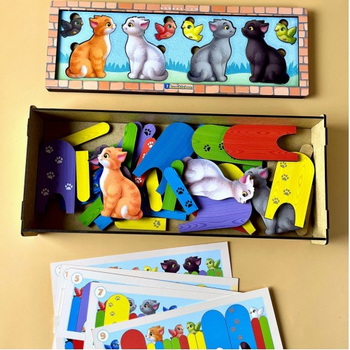 Деревянная игра с карточками "Котики за забором" Ubumblebees (ПСФ150) PSF150, 51 деталь и 14 карт