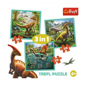 Детские пазлы 3 в 1 "Удивительный мир динозавров " Trefl 34837