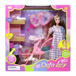 Кукла беременная типа Барби Defa Lucy 8049 с ребенком и аксессуарами (Розовая коляска)